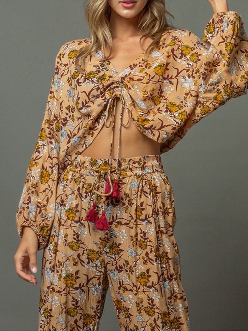 NWT - Floral Crop Top & Pants Set in Beige